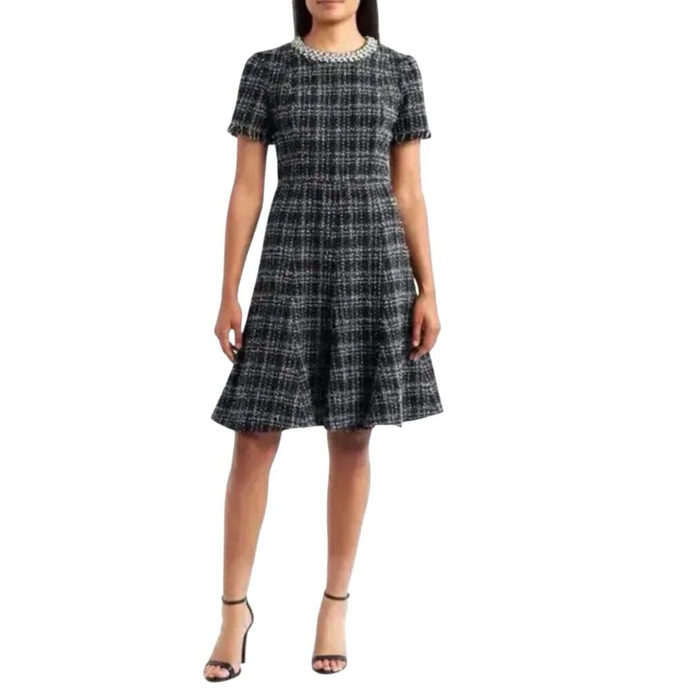 Eliza J Rhinestone Trim Fit and Flare Tweed Dress Black/Gray 10